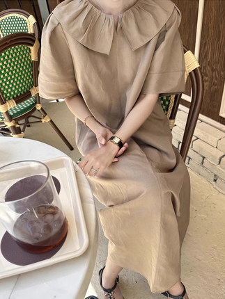 韩国chic夏季复古气质荷叶领宽松休闲过膝长款纯色直筒短袖连衣裙