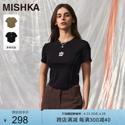 MISHKA美式高街设计感圆领短袖t恤女2024新款夏季短款修身休闲