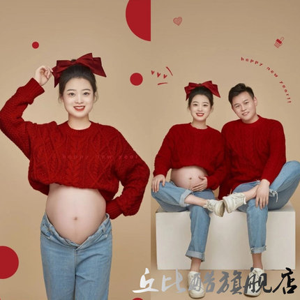 新款孕妇拍照情侣毛衣套装影楼夫妻主题艺术写真可爱红色拍照服装