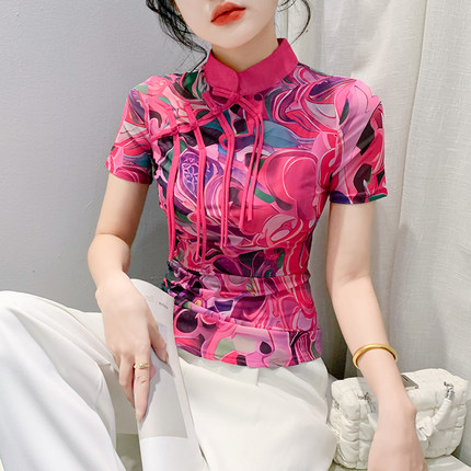 新中式国风设计感盘扣立领短袖印花T恤女打底衫欧货上衣潮实
