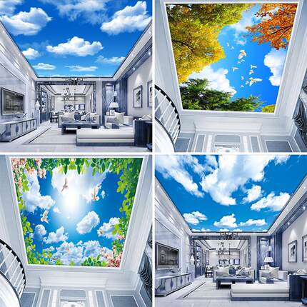 3d客厅卧室房顶墙纸蓝天白云天花板壁纸棚顶欧式酒店天空吊顶壁画