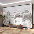 墙纸3d新中式手绘楼阁电视背景墙壁纸客厅壁画影视墙壁布沙发墙布