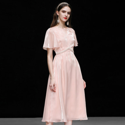 夏季女装2024新款气质法式杏粉色收腰显瘦缎面纱裙连衣裙长裙