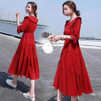 爆款长裙女夏款韩版气质收腰显瘦雪纺连衣裙红色超仙娃娃领裙子