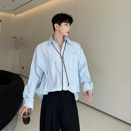 夏季韩风休闲肌理感清爽不规则蓝条纹衬衫男长袖设计感垂感衬衣潮