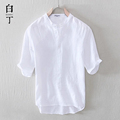 夏季薄款中国风立领短袖亚麻衬衫男宽松polo半袖棉麻白色t恤上衣