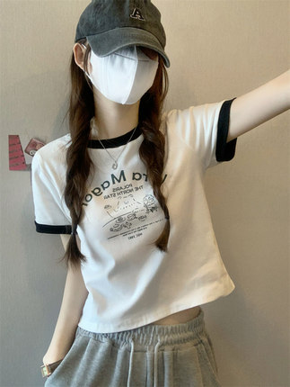 猫咪甜辣妹短袖T恤女夏季设计感小众纯欲风性感紧身正肩短款上衣