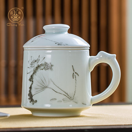 昌南陶瓷过滤带盖青瓷泡茶杯茶水分离马克杯高档景德镇办公室茶杯
