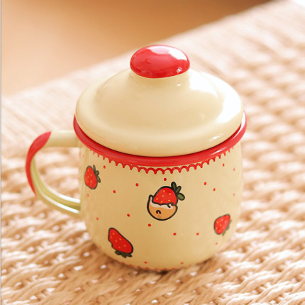 珐琅搪瓷草莓少女心可爱加厚大肚儿童马克杯带盖咖啡杯水杯喝茶杯