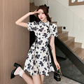 新中式国风改良旗袍复古盘扣提花立领短袖连衣裙夏季小个子短裙子