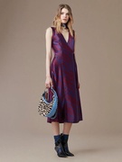 折上折销售DVF无袖V领气质真丝耀斑条纹紫包裹连衣裙