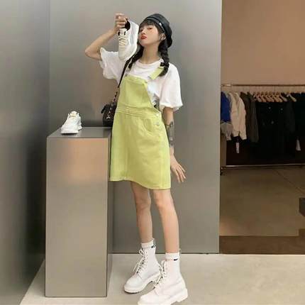 夏季韩版2024新款牛油果绿背带裙小个子可爱减龄显瘦ins风牛仔裙