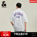 杰克琼斯NBA联名湖人队夏季新款潮撞色条纹纯棉宽松衬衫短袖男款