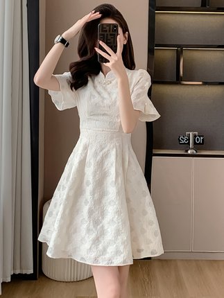 KATTERLLG2024夏季新款新中式短款白色旗袍连衣裙小个子显瘦短裙