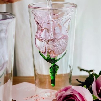 玫瑰花玻璃杯双层高脚杯内胆创意咖啡酒杯玻璃果汁香槟水杯鸡尾酒