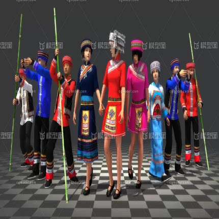 3dmax少数民族苗族布依族划船服饰人物角色带骨骼绑定动画3d模型