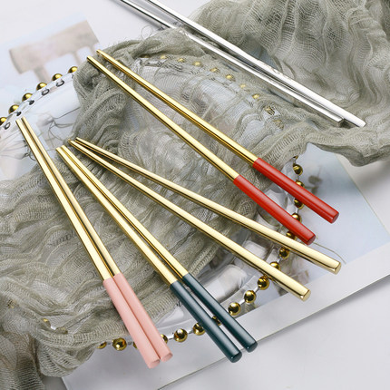 304不锈钢筷子创意家用便携快带方形金色钛金短筷子儿童学生筷子