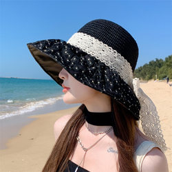 日系小清新花朵蕾丝针织顶帽子女夏出游海边度假百搭赫本风遮阳帽