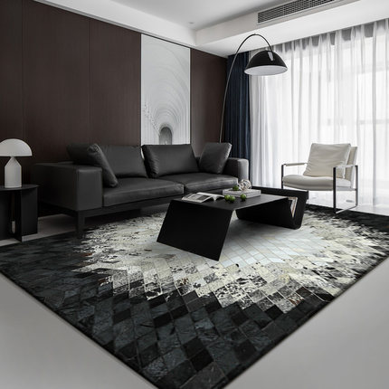 牛皮地毯拼接客厅家用黑白北欧现代美式轻奢茶几卧室床边毯新中式