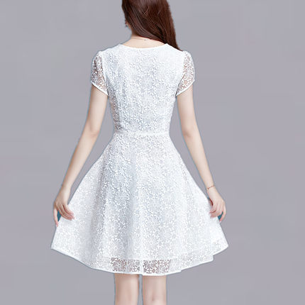 白色连衣裙夏款时尚韩版女装30岁修身V领短袖雪纺裙子2023新款