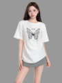 白色蝴蝶正肩短袖t恤女夏季2024新款设计感宽松重磅纯棉半袖上衣
