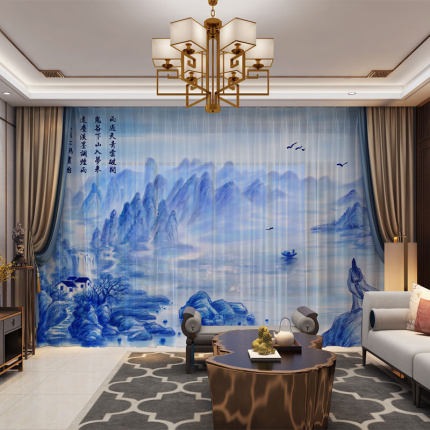 现代简约中式客厅卧室小清新山水北欧绿植数码印花窗帘雪纺窗纱