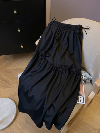 小C家黑色高腰系带a字半身裙女2024夏季新款高级感显瘦百搭中长裙