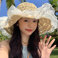 珍珠蕾丝镂空草帽女夏季法式海边度假草编帽子大帽檐遮阳防晒帽潮