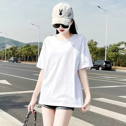 100%纯棉白色t恤女短袖夏季中长款大码宽松五分袖上衣减龄半袖衫