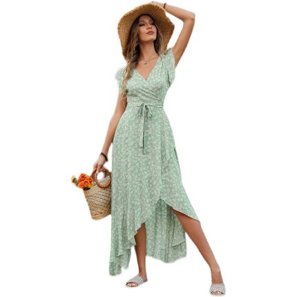 夏季新款V领碎花棉绸修身系带不规则荷叶袖连衣裙长裙海边度假旅