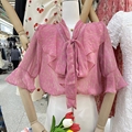 甜美雪纺村衫女夏季新款设计感小众超仙洋气蝴蝶结系带打底衫短袖