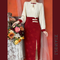 巷里复古红色改良版旗袍汉服秋收腰长袖新中式开叉半裙上衣两件套