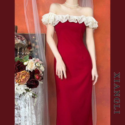 巷里法式复古红色连衣裙女夏季无袖拼接显瘦一字肩赫本气质小礼服