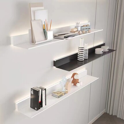 铝合金置物架内置发光LED带灯层板挂墙上金属置物板简约白色书架