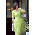法式复古风情天然苎麻面料V领绿色印花连衣裙收腰显瘦气质长裙