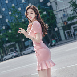 夏装2024新款女韩版性感气质方领小个子连衣裙修身显瘦鱼尾包臀裙