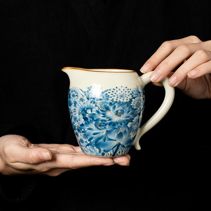 汝窑金万花美人公道杯功夫茶具陶瓷茶海带手柄家用单个分茶器公杯