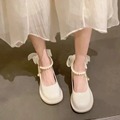 法式粗跟玛丽珍女鞋2024新款春季仙女风小皮鞋白色配裙子高跟单鞋