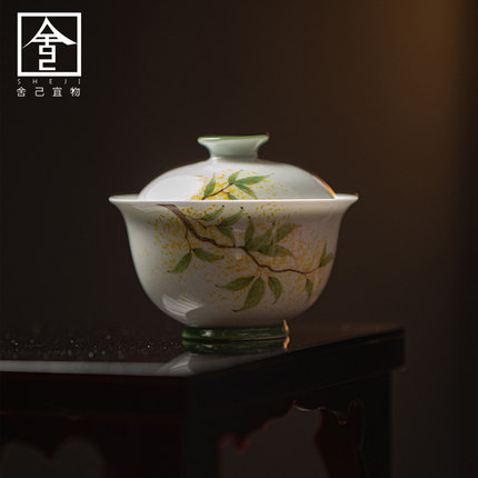 中式纯手绘粉彩桂花福灵盖碗陶瓷薄胎家用防烫功夫茶具泡茶碗茶杯