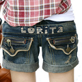 韩国代购 Lolita女款三分牛仔短裤 个性复古做旧拉链装饰宽松显瘦