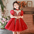 直销儿童礼服公主裙女童演出服钢琴演奏表演礼服裙红色小主持人蓬