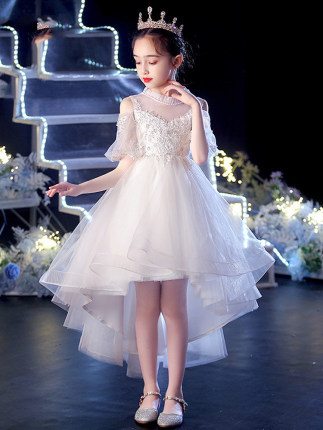 儿童白色礼服裙轻奢小众高端拖尾女童钢琴表演礼裙前短后长公主裙