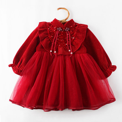 女童连衣裙长袖秋冬裙子2023新款小女孩洋气公主裙红色儿童装纱裙