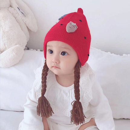 婴儿帽子秋冬季0-1岁2婴幼儿女宝宝毛线辫子帽纯棉公主女童针织帽