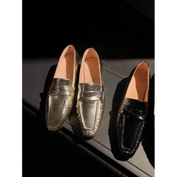 Le' concone设计师皮鞋 设计感平跟英伦风单鞋金属银色乐福鞋中性