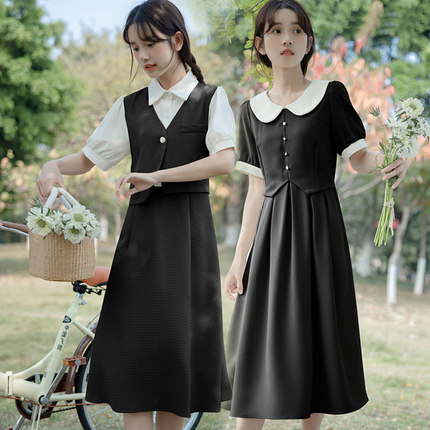 赫本风小黑裙子姐妹闺蜜装夏季女学生学院风假两件气质显瘦连衣裙