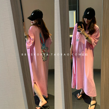 现货韩国2023夏季新款粉色oversize大码洋气长款T恤式宽松连衣裙