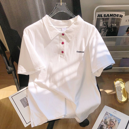 日系白色polo衫女短袖T恤夏2024年新款宽松字母设计纯色简约上衣