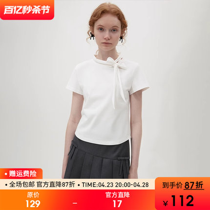 范洛蝴蝶结系带短袖T恤女2024年夏季新款修身时髦百搭体恤衫上衣