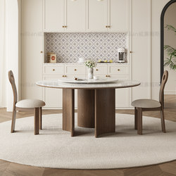 法式复古风实木圆桌家用小户型圆形饭桌中古风现代简约餐桌椅组合